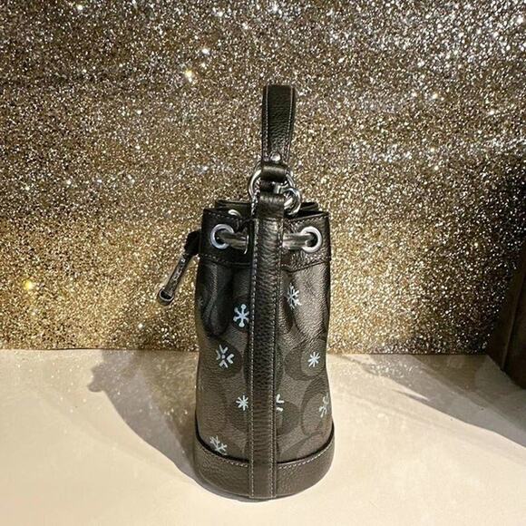 Coach CE587 Dempsey Drawstring Bucket Bag 15 With Snowflake Print Silver/Graphit - Picture 4 of 9
